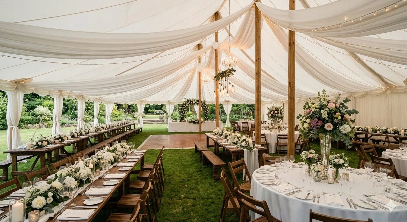 Beautifully decorated wedding tent reception featuring a mix of round and long rectangular tables.