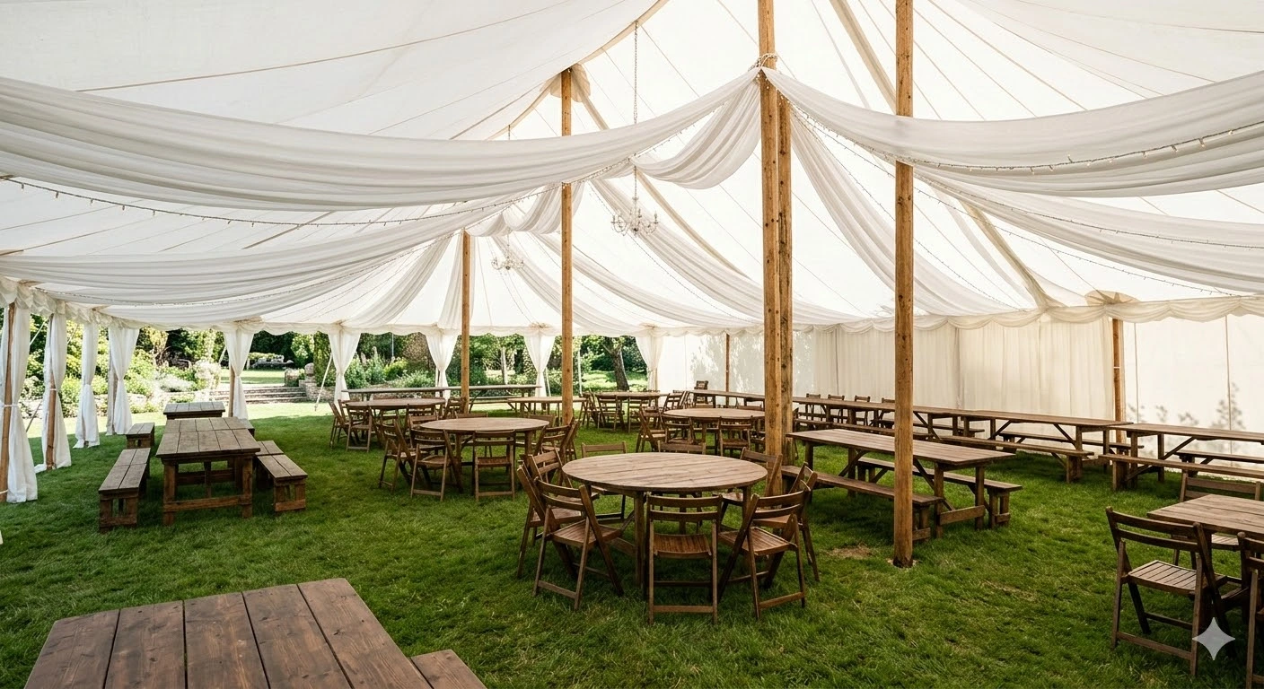 Empty interior of a large wedding marquee tent showing support poles and space for table layout.